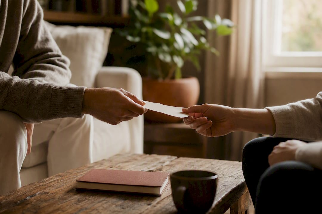 Hands exchanging handwritten notes by window
