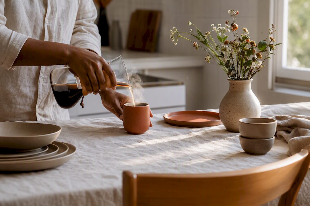 Hands pouring coffee in serene morning setup