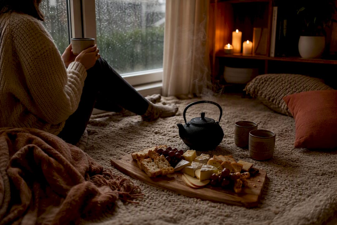 Indoor picnic setup on living room floor