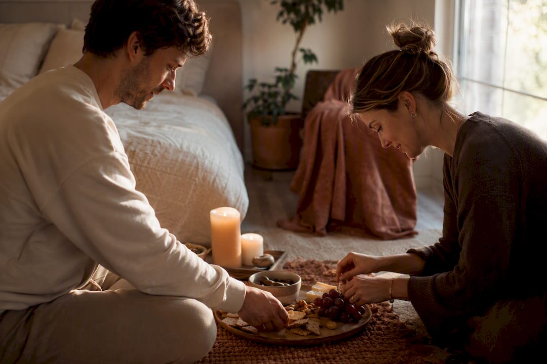 Couple preparing indoor picnic for staycation