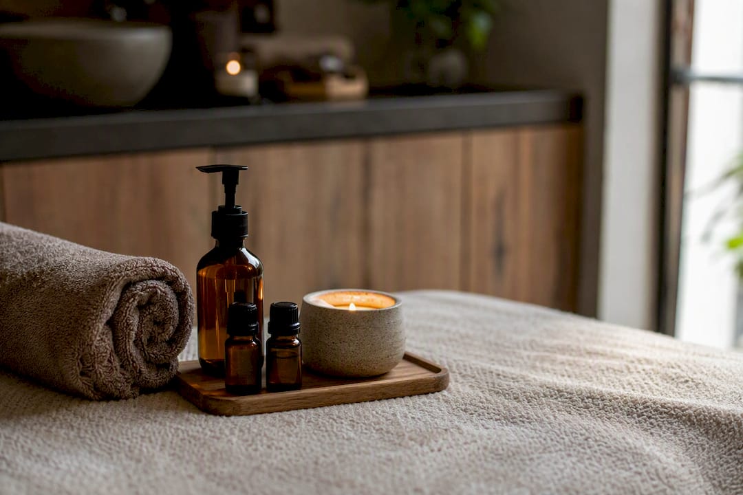 Spa essentials on hotel side table