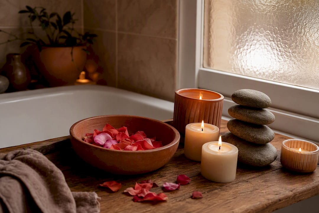 Home spa day setup with candles and stones