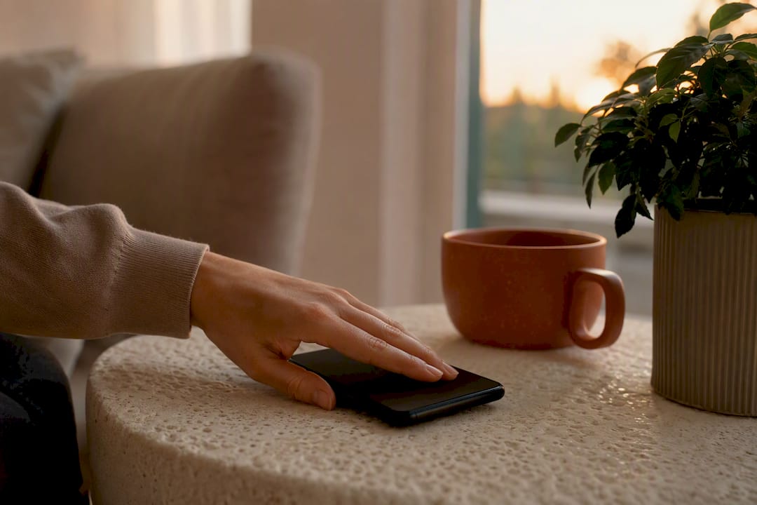 Hand holding smartphone face down for reminder