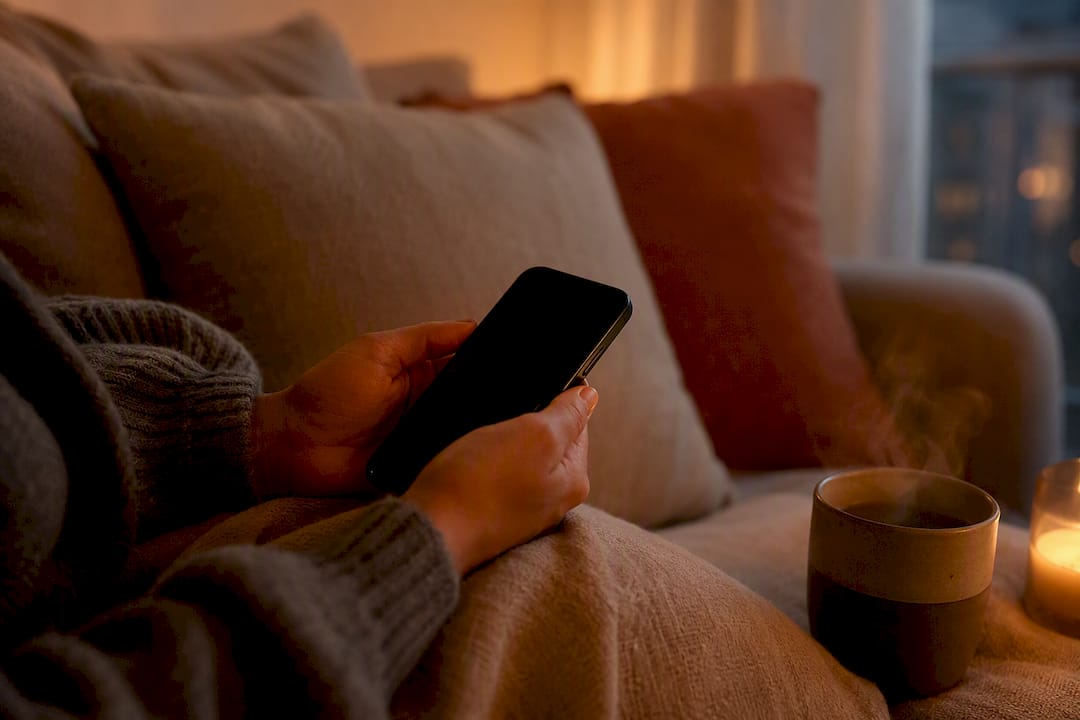 Hands holding phone beside candle on bed