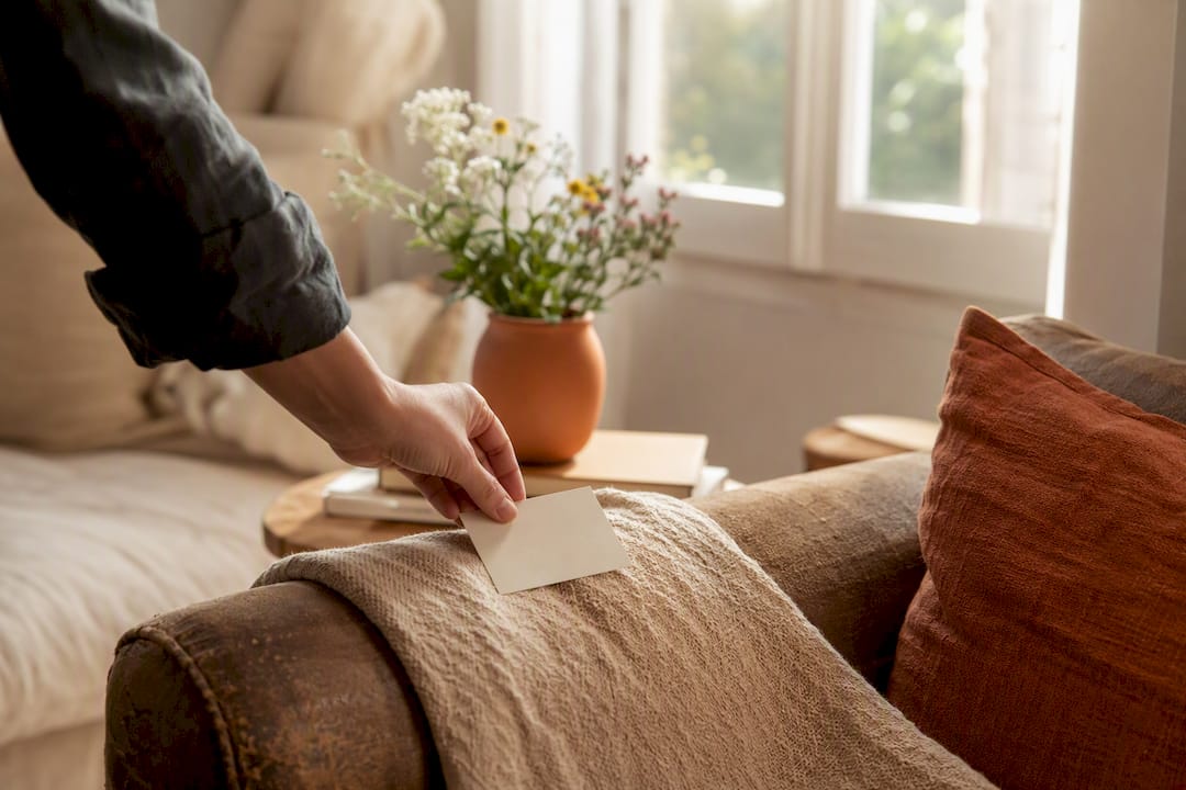Hand leaving handwritten note on bedside table
