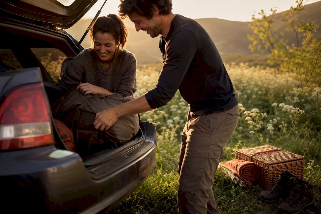 Couple packing car trunk for weekend trip