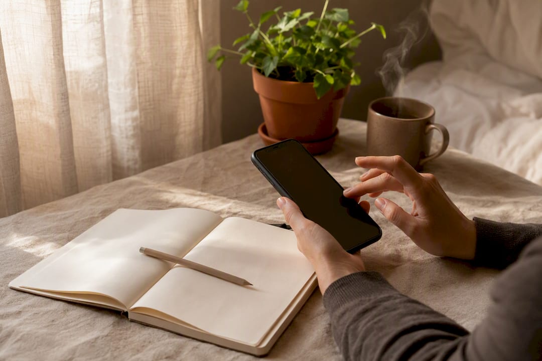 Hand holding phone over blank notebook at desk