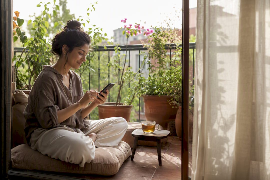 Hand tapping phone on bedside table at dawn