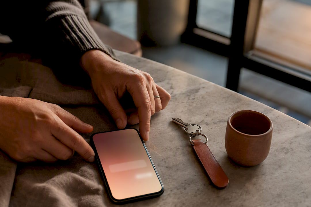 Hands scheduling a message at sunrise