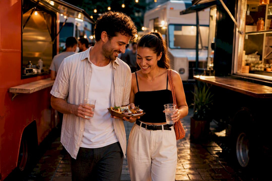 Couple sharing food at outdoor trucks