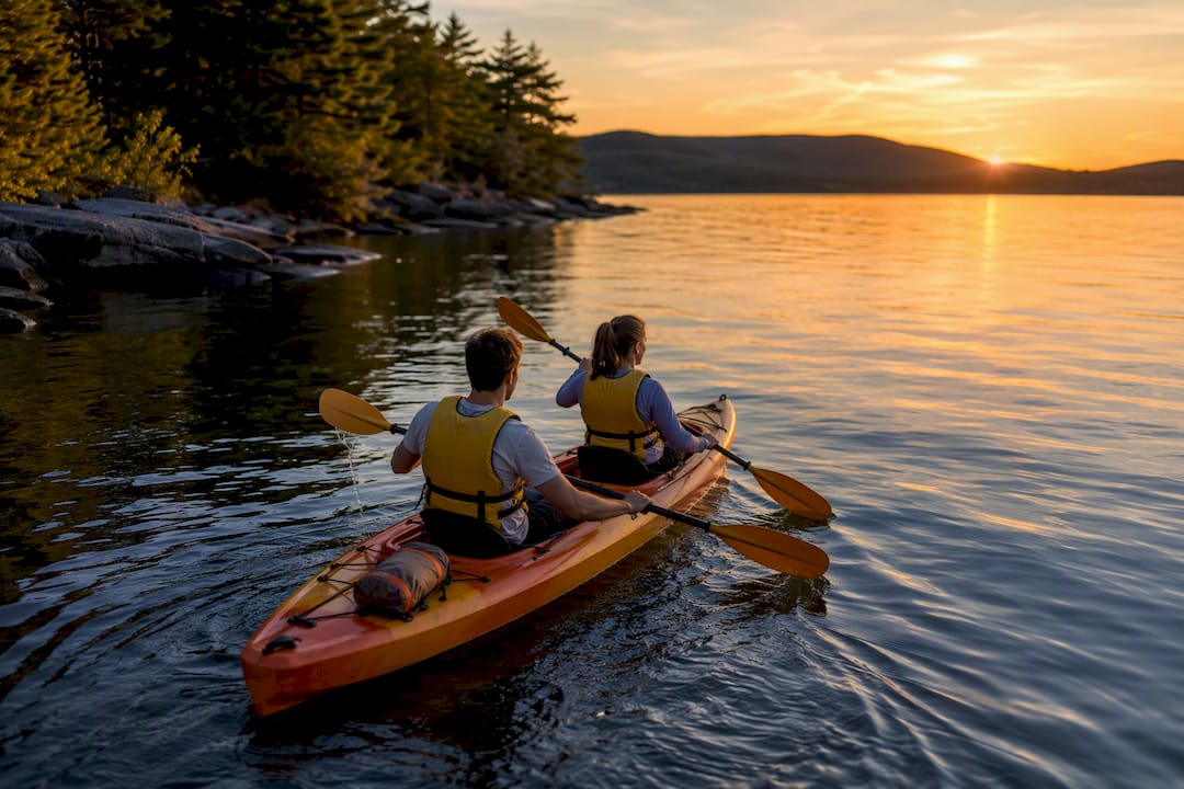 Couple kayaking together at sunset