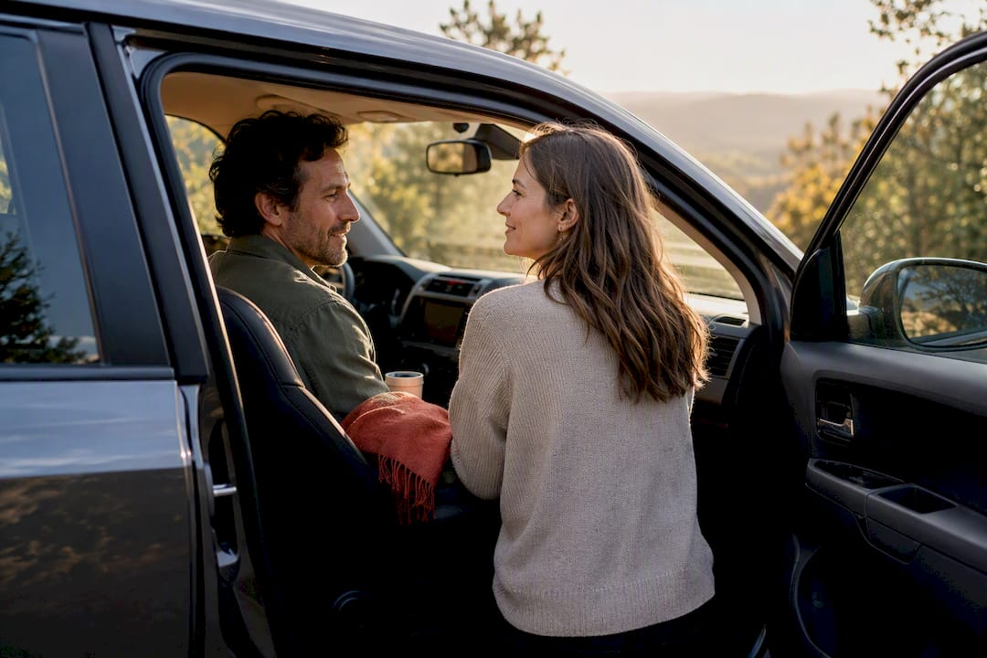 Couple talking during a scenic road trip