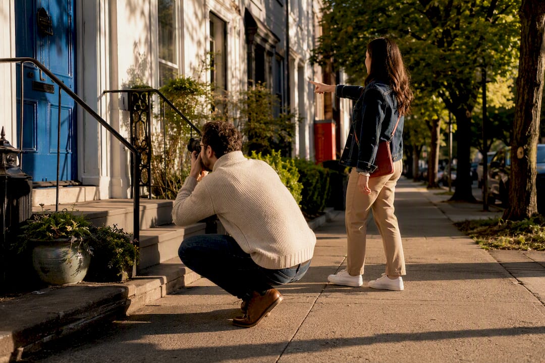 Couple photographing colorful neighborhood details