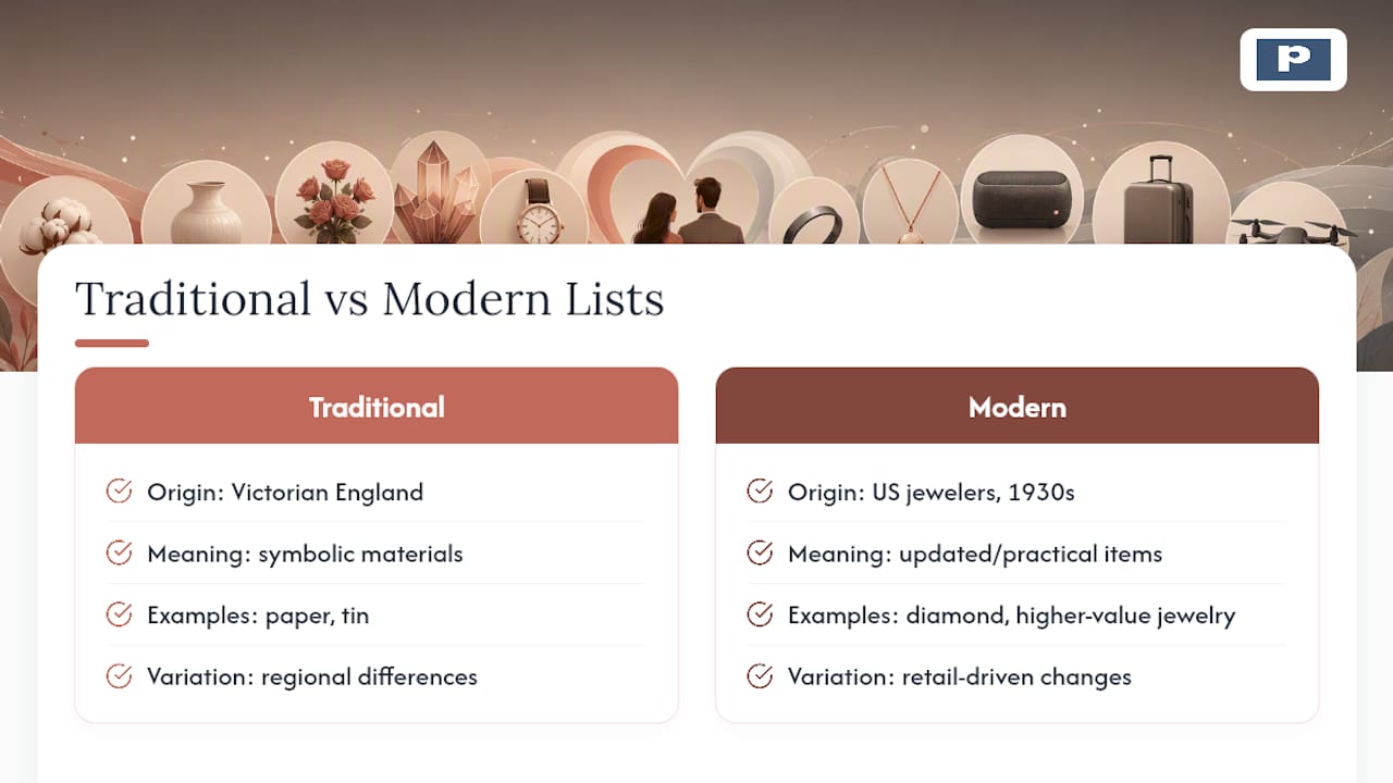 Traditional and modern anniversary lists compared