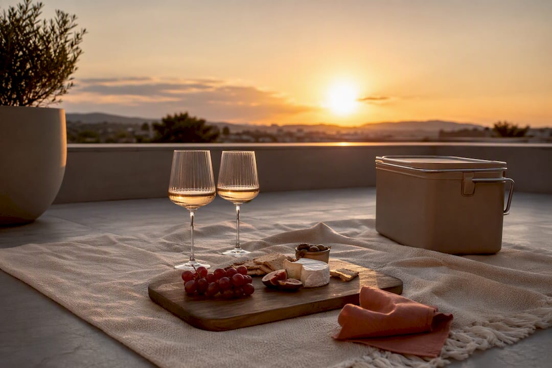 Rooftop picnic prepared at sunset