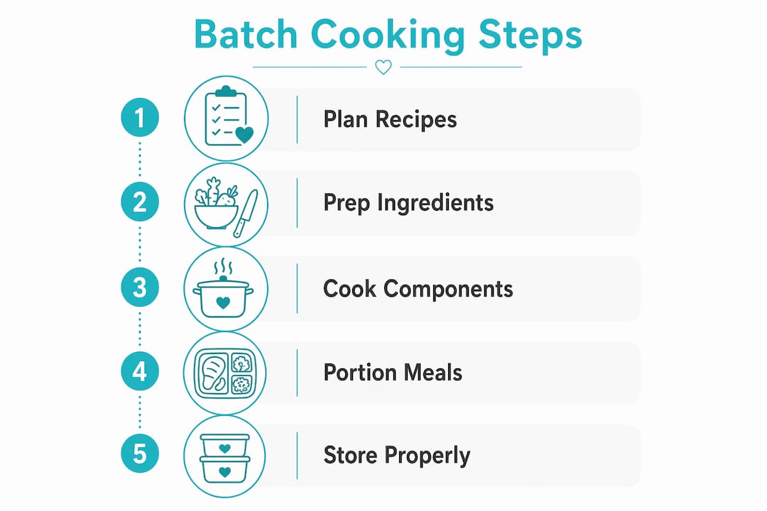 Infographic depicting steps of batch cooking plant-based meals