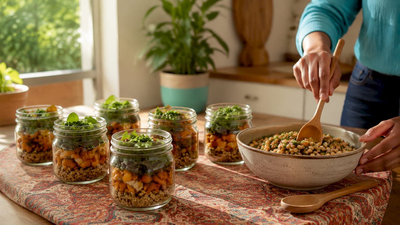 Hands packing multiple containers of plant-based meals