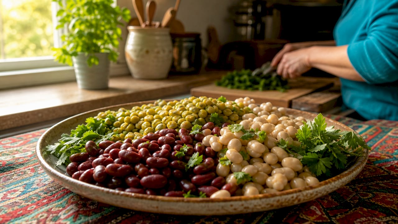 Overhead view of cooked legumes in bowls