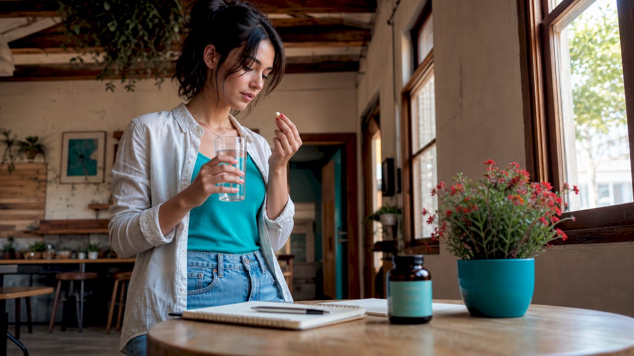 Vegan woman about to take B12 supplement at kitchen table