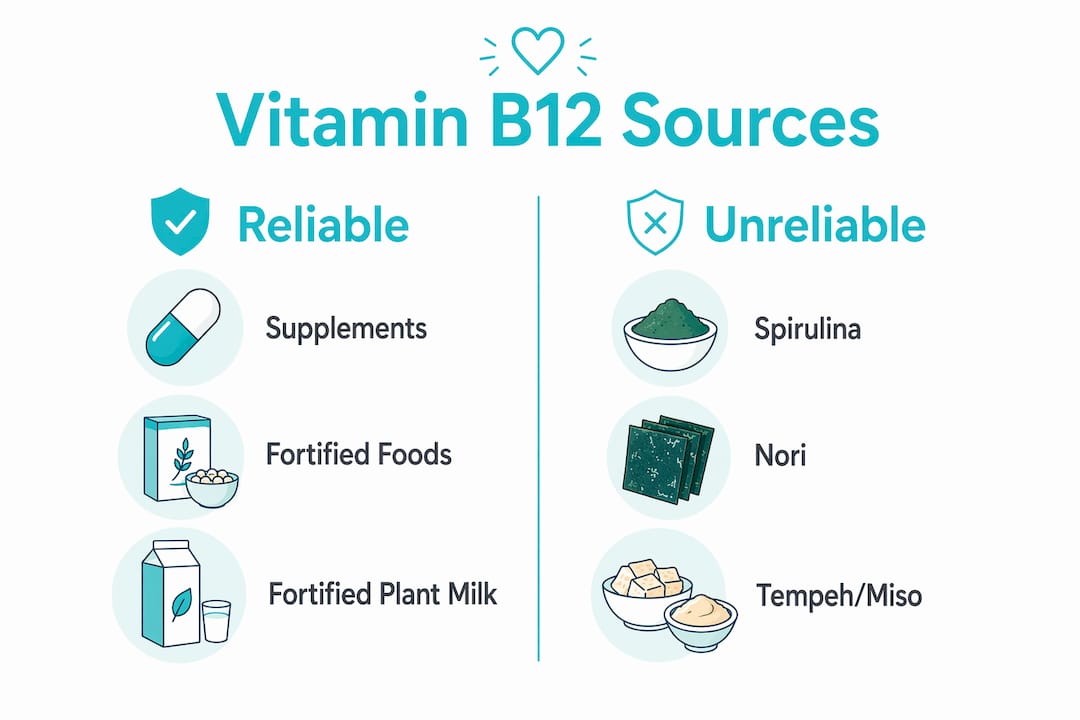 Infographic showing reliable and unreliable vegan B12 sources