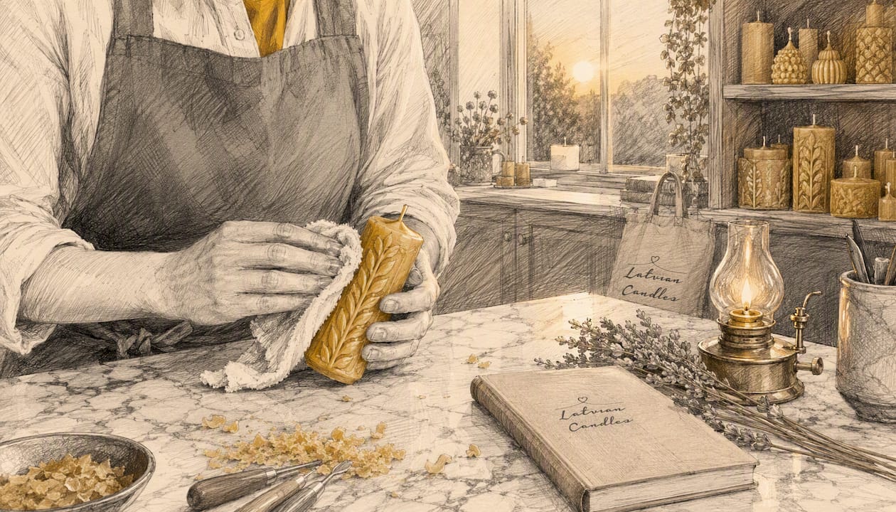 Hands buffing smooth beeswax candle surface