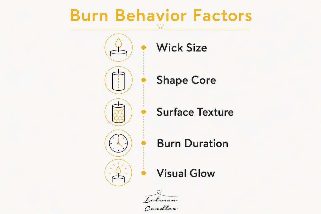 Infographic showing factors affecting beeswax candle burn behavior