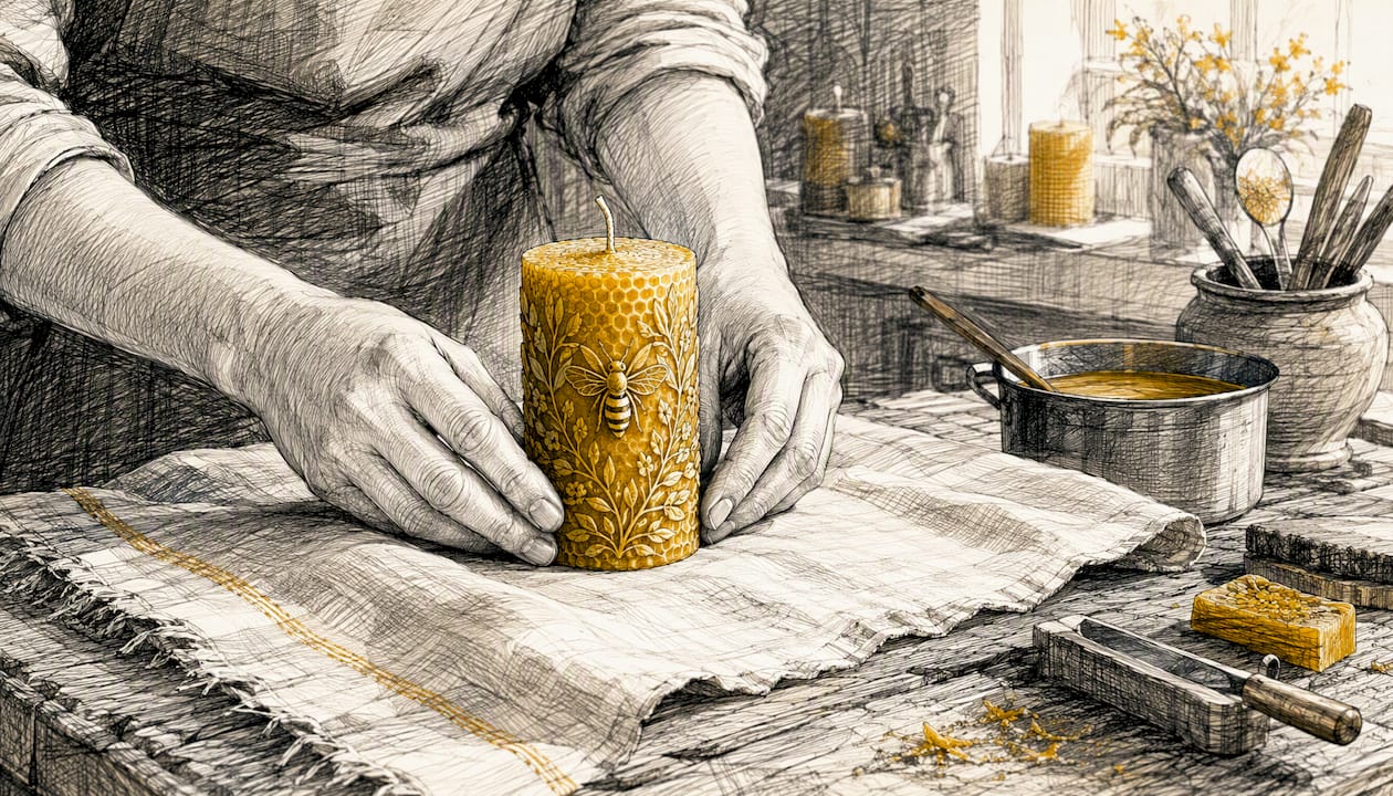 Hands photographing a finished beeswax candle