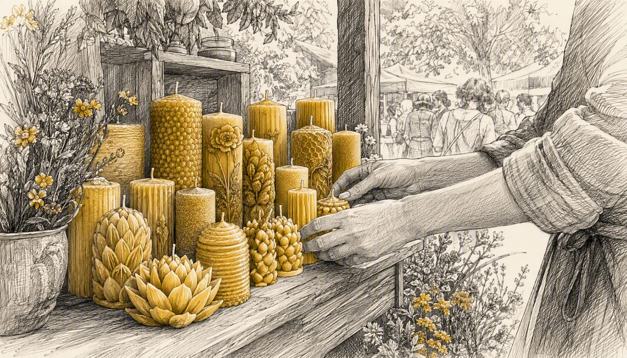Local artisan market with beeswax candles display