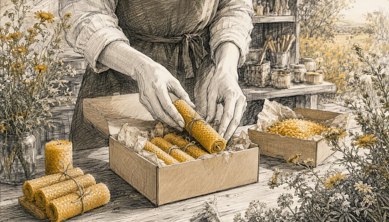 Hands packing beeswax candles in studio