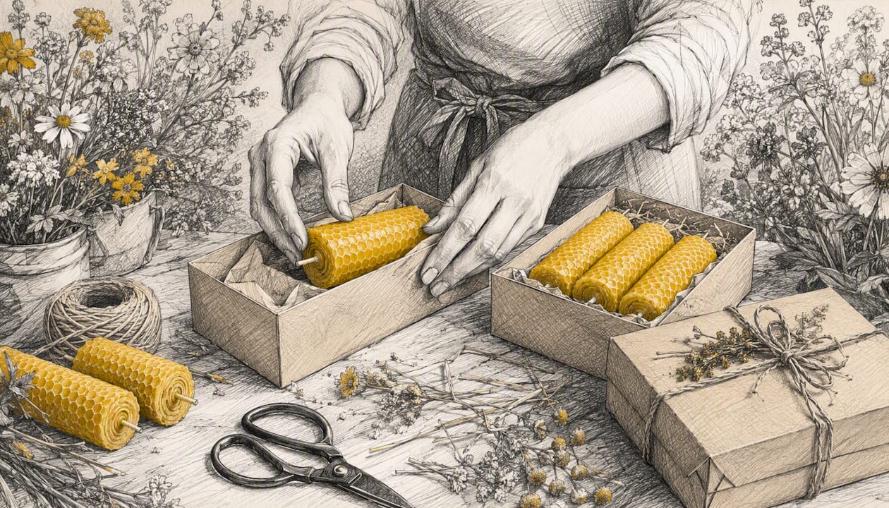 Hands packaging certified beeswax candles for shipping