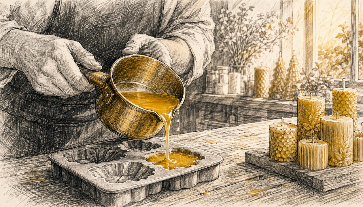 Hands pouring molten beeswax into mold