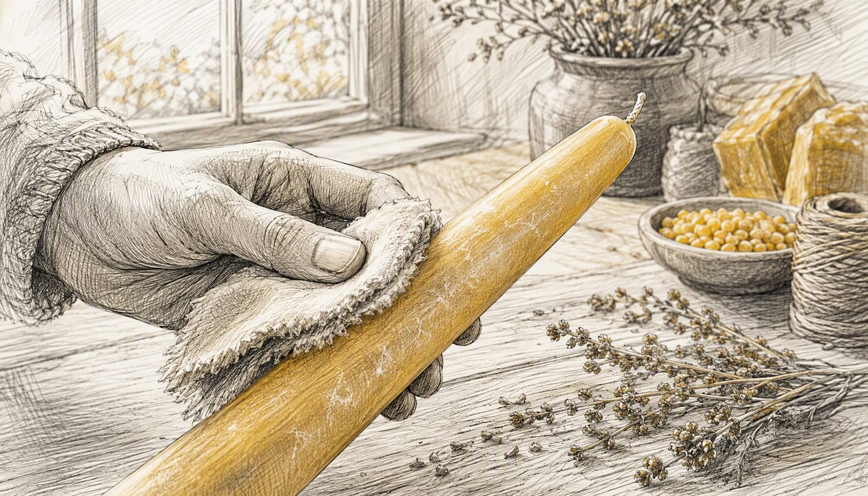 Hand buffing beeswax candle bloom with soft cloth