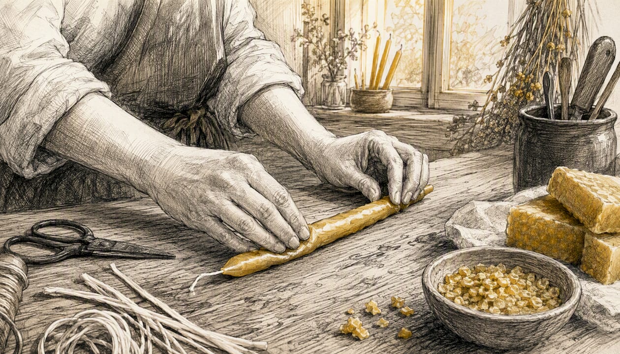 Hands gently reshaping warped beeswax taper candle