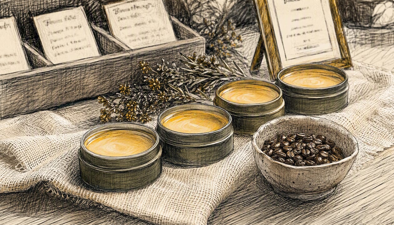 Scent tester candles with coffee bean bowl on table corner