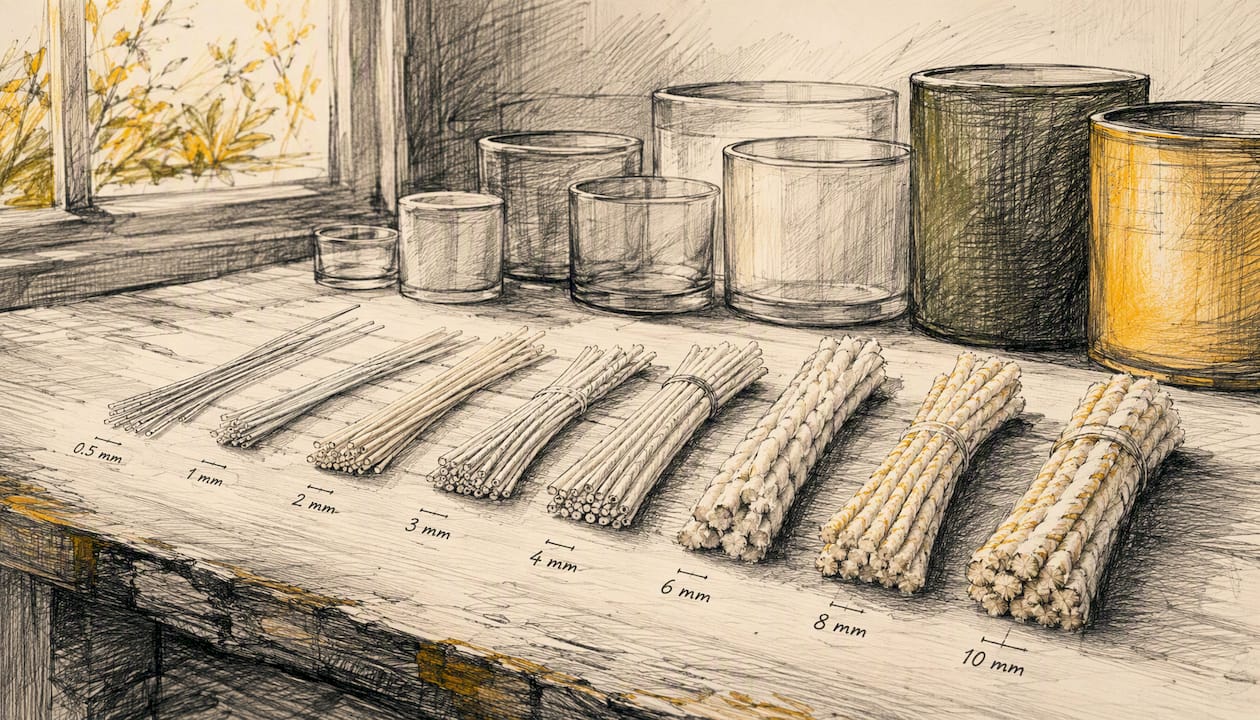 Variety of candle wicks beside container rims