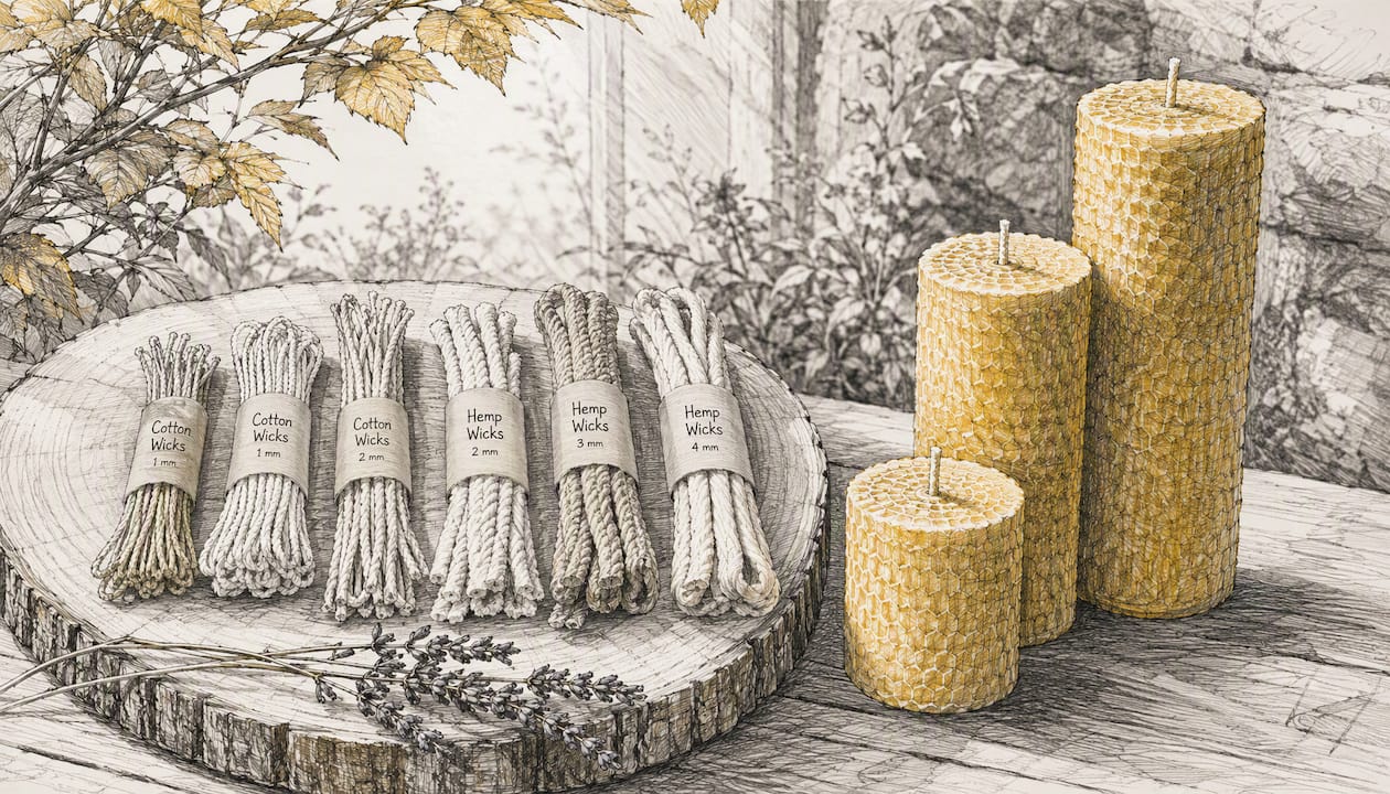 Various wick types beside beeswax pillar candles