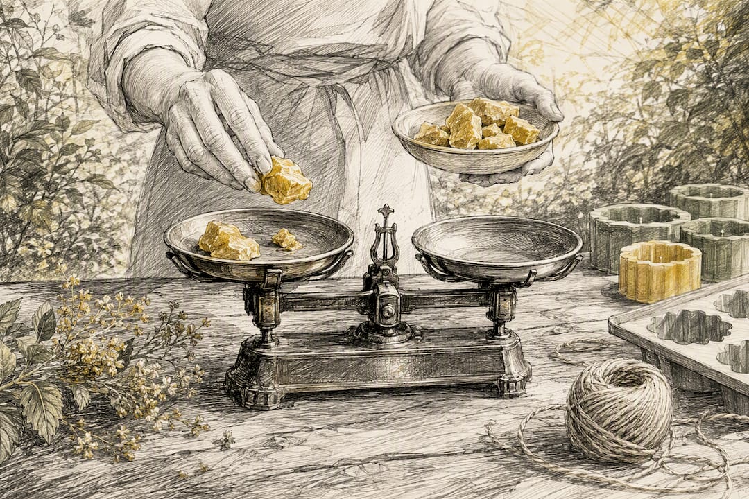 Hands weighing beeswax chunks on scale