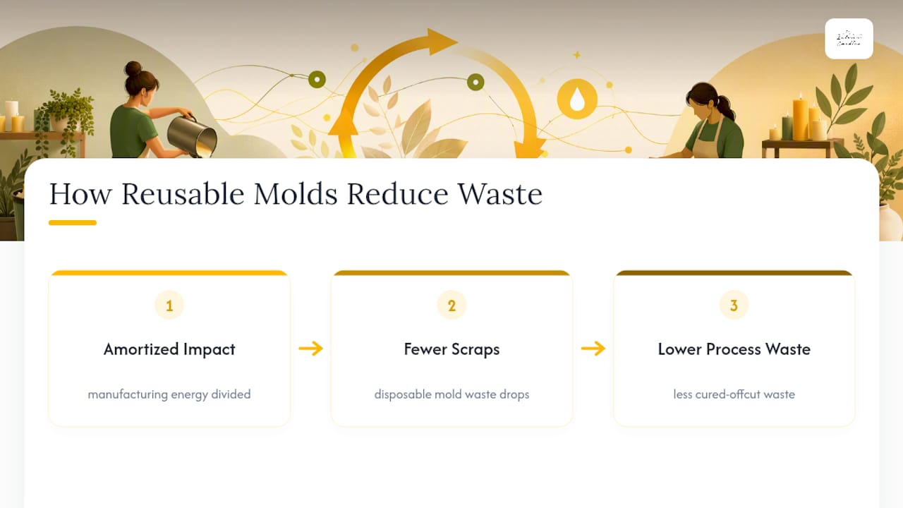 Diagram showing three mechanisms of waste reduction using reusable molds