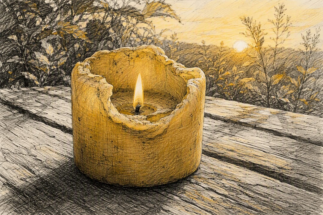 Beeswax pillar candle with melt pool wax wall