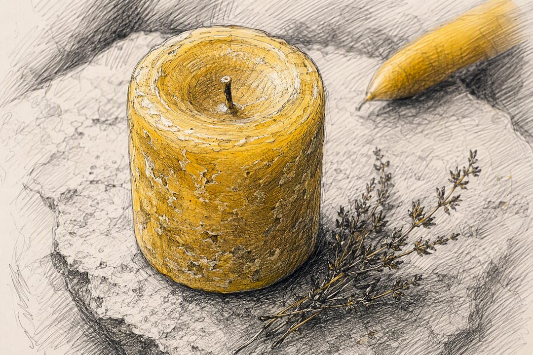Close-up beeswax pillar candle texture and form