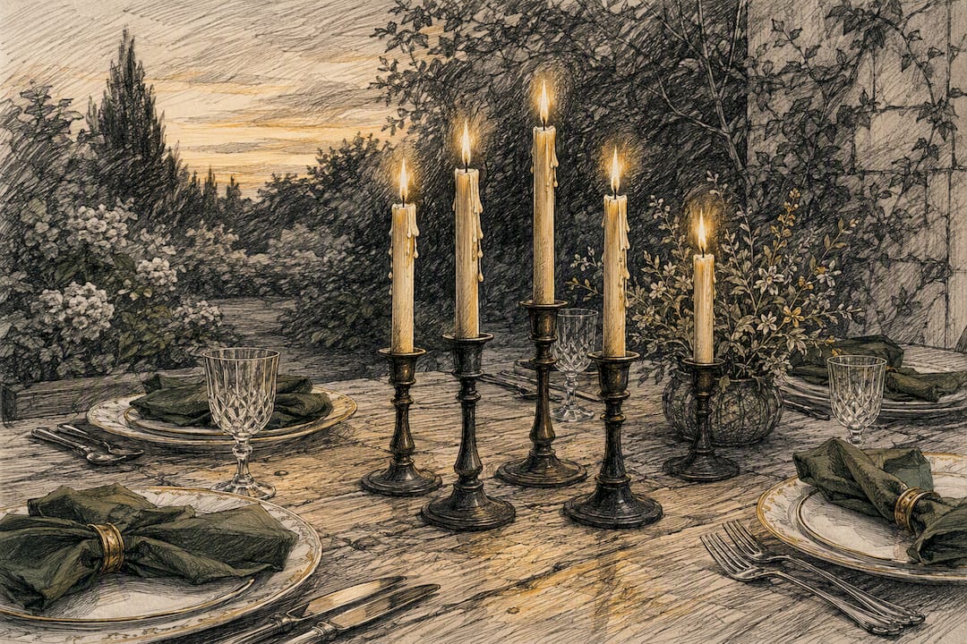 Taper candles burning on formal dinner table