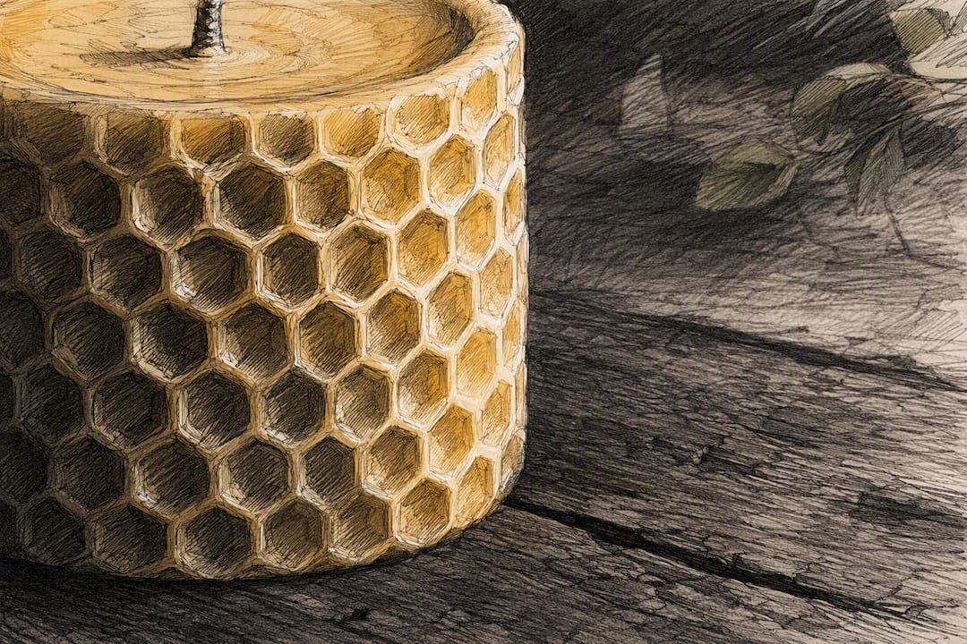Side-lit textured beeswax candle close-up