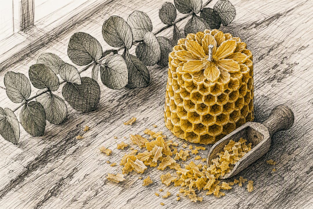 Styled beeswax candle with scent-related natural props