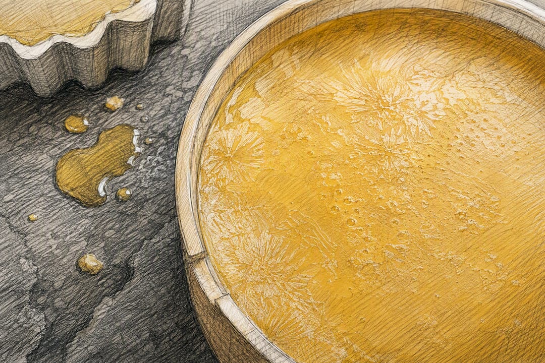 Glossy beeswax candle surface close-up