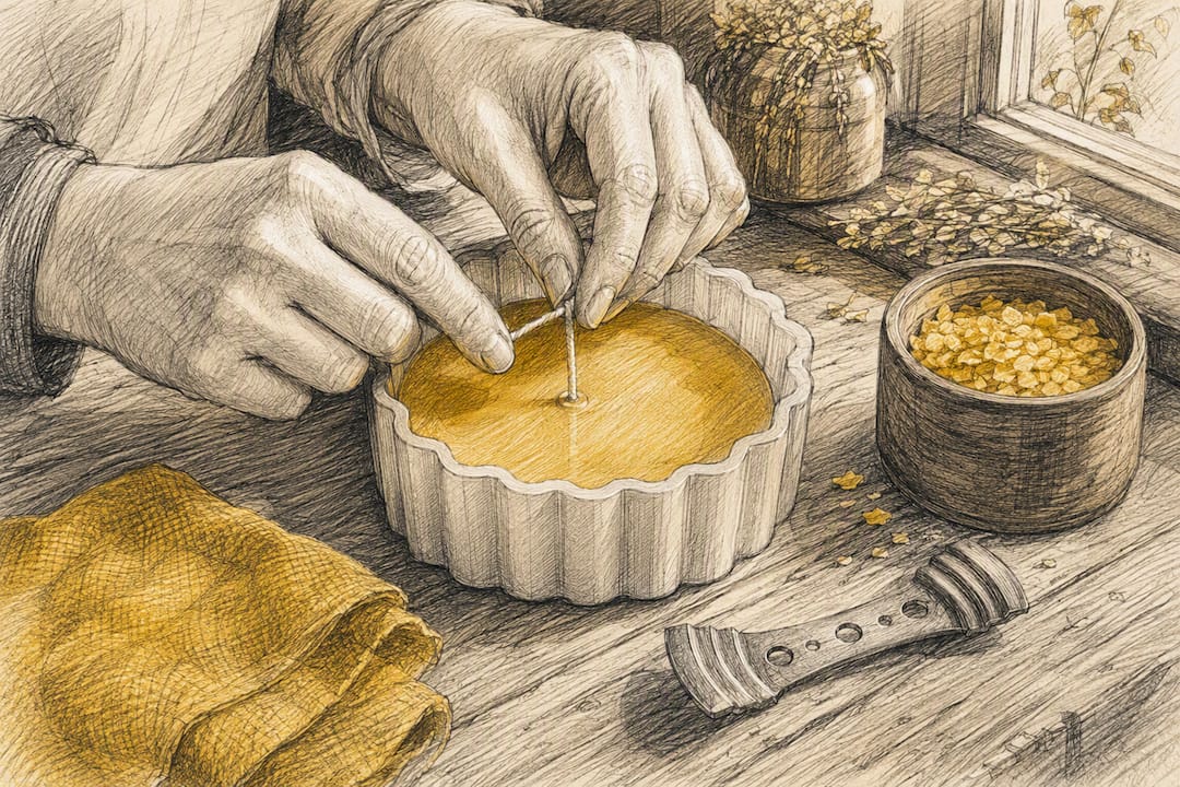 Hands adjusting wick inside beeswax candle mold