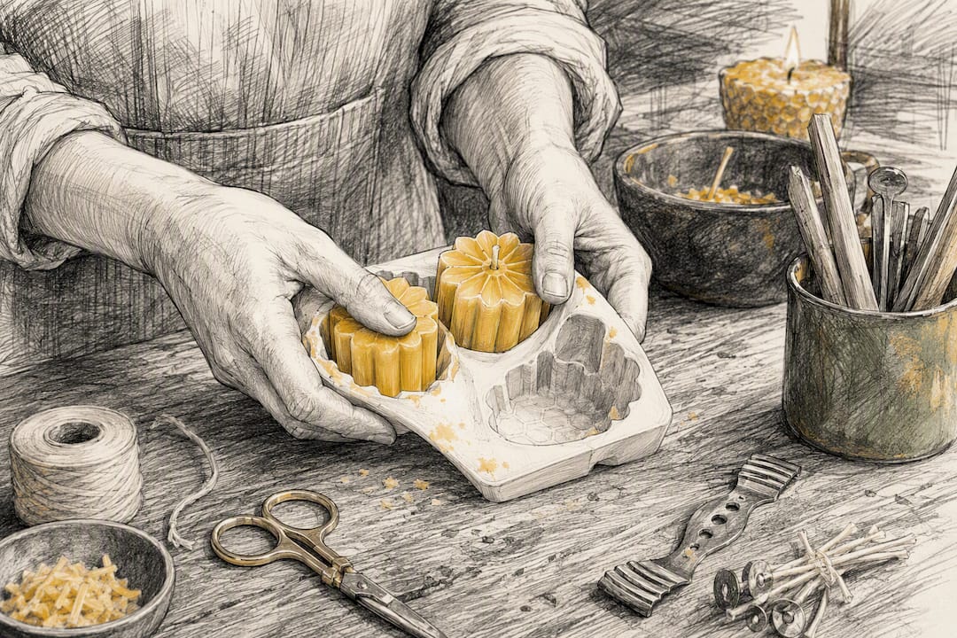 Hands demolding beeswax candle shapes for testing
