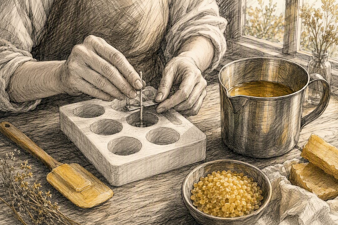 Beeswax candle mold and tools setup