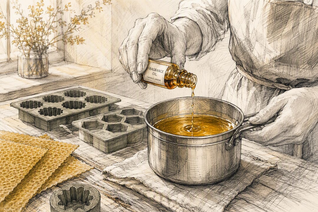Hand pouring fragrance oil into melted beeswax