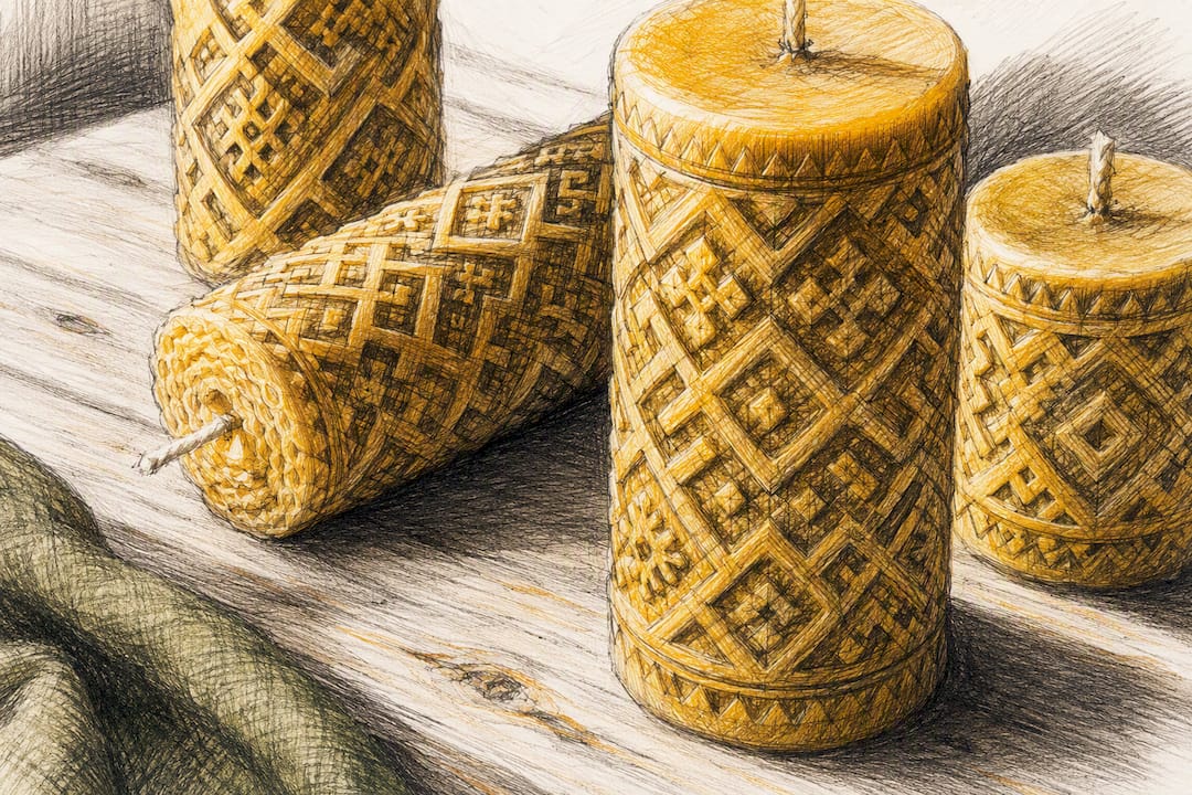 Beeswax candle with Latvian folk geometric texture