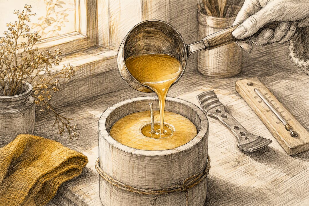 Pouring beeswax top-up into candle mold